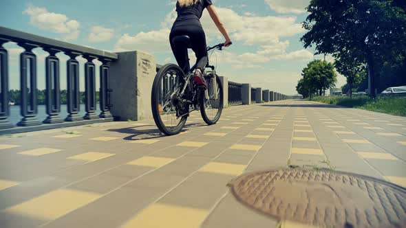 Cyclist Happy Cycling Travel Woman Rider On Bicycle. Girl Helmet Cycling On Bike Sport Recreation.