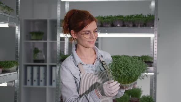 Micro Green Portrait of Cute Woman Wearing Glasses and an Apron with Sprouts in Containers in Hands