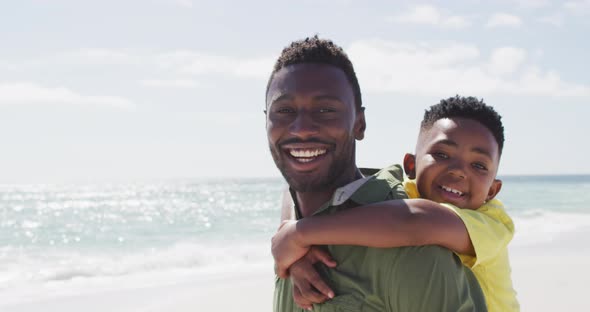 Portrait of smiling african american father and son on sunny beach