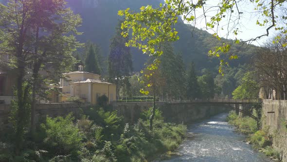 River Cerna and beautiful   bridge  scenery of spa resort Herculane located in  western Romania  - S