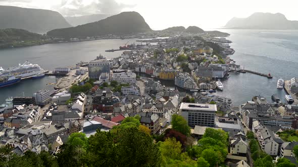 Alesund, Norway. Panorama of the Norwegian City and a Sea Port. Ships and Boats Are Moored at the