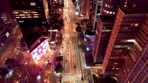 Night aerial landscape of famous Paulista Avenue at Sao Paulo Brazil