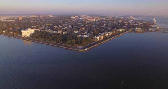 High Aerial View of the Charleston Battery and Downtown at Sunrise
