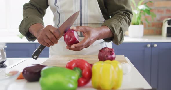 Mid section of man wearing apron skinning onions in the kitchen at home