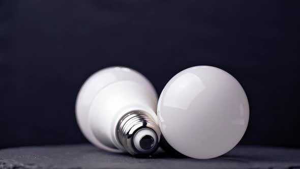 Lighting electric lamps for living rooms LED and incandescent bulbs close-up lie on the table