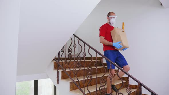 Food Courier with Mask Delivering Food Package