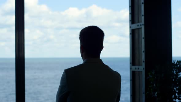 Leader Man Silhouette Thinking Sea Panorama Window