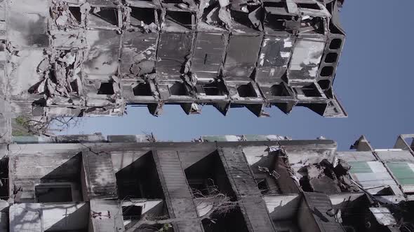 Vertical Video of the War in Ukraine  a Destroyed Building in Borodyanka