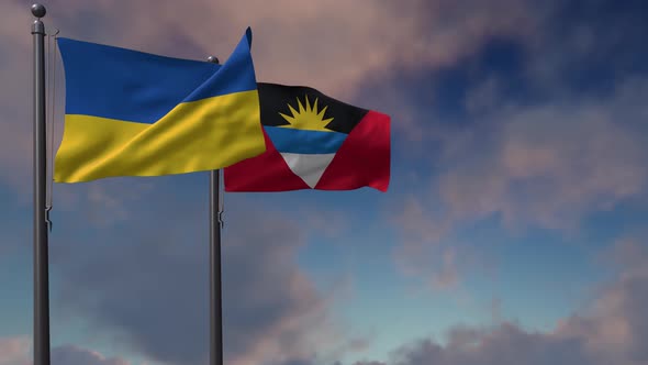 Antigua And Barbuda Flag Waving Along With The National Flag Of The Ukraine - 4K