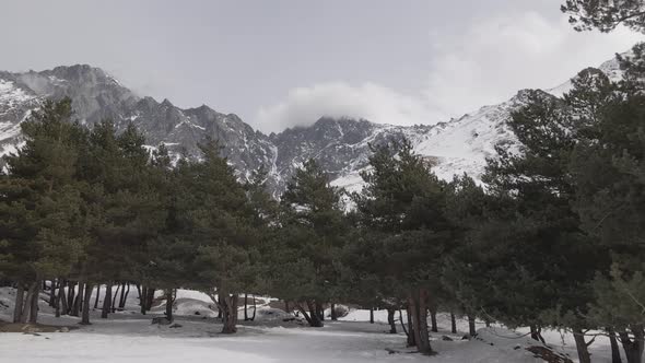 Aerial view of beautiful snowy mountains in Stepantsminda, Georgia