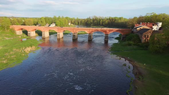 Long Old Brick Bridge, Kuldiga, Latvia Across the Venta River. 