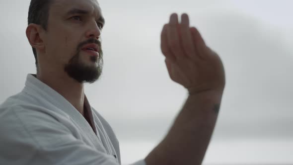 Bearded Man Learning Martial Arts Close Up