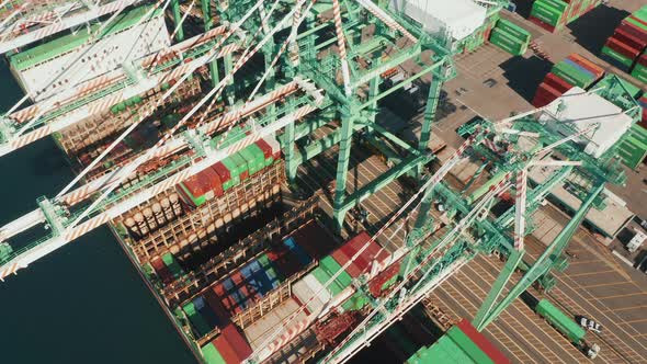  Aerial of Industrial Port, Los Angeles, USA. Loading Container Ship, Cargo