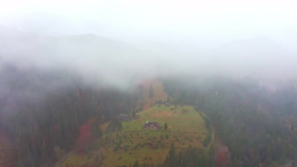 Rainy Foggy Weather in the Carpathian Valley in Beautiful Ukraine in the Village of Dzembronya