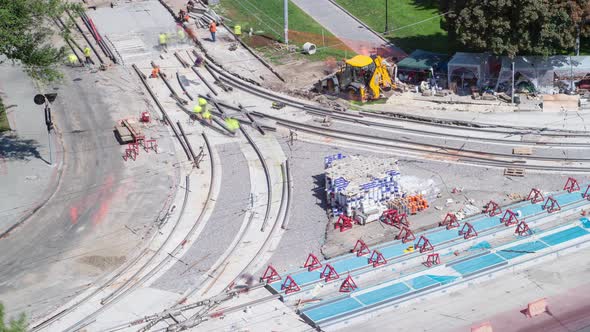 Road Construction Site with Tram Tracks Repair and Maintenance Aerial Timelapse