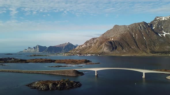 Norway. Aerial view. Colorful fjord landscape at sunset.