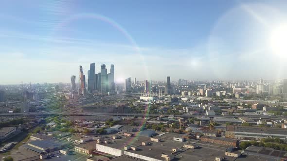 Aerial Panoramic Shot of the Business District in the City Center, Skyscrapers, Traffic and