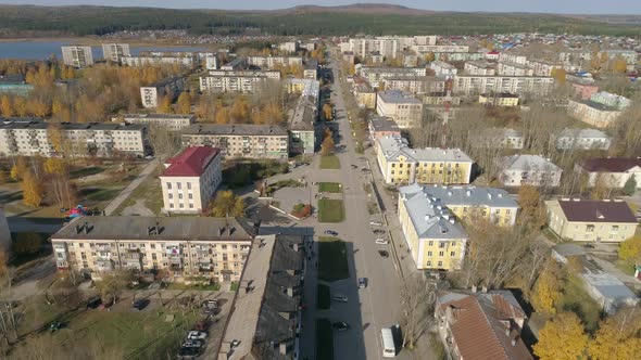 Aerial view of A provincial Russian city with square and house of culture 47