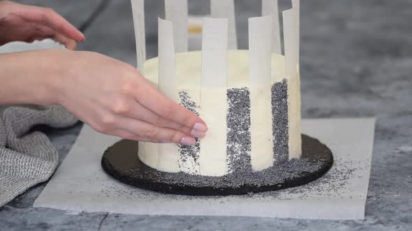 Unrecognizable Woman Pastry Chef Decorates Cake with Poppy Seeds