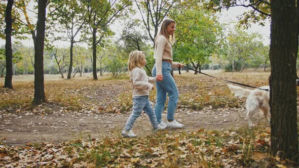 Young Mum and Little Daughter are Talking and Smiling Holding Hands Walking By Path in Autumn Park