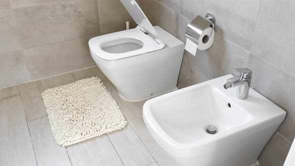 White Ceramic Toilet and Bidet at Luxury Bathroom