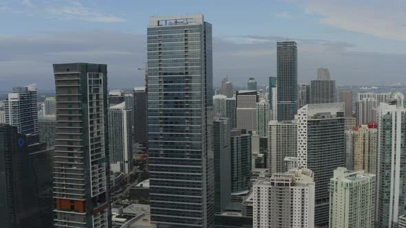 close up aerial view of downtown Miami Skylineing towards the buildings