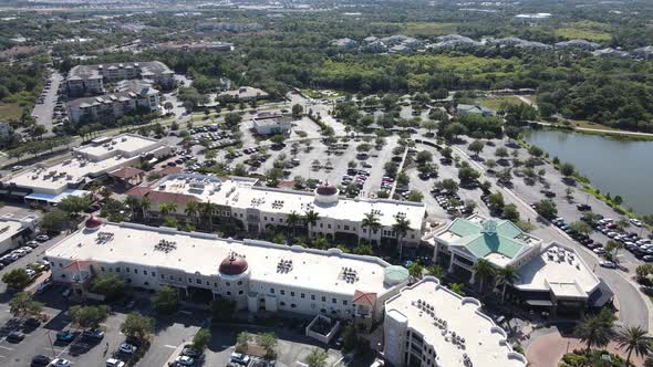 orbiting aerial of Lakewood Ranch Mainstreet dining and shopping center, Bradenton Sarasota, Florida