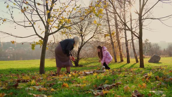 Mother and daughter came on picnic at autumn park outdoors. Two female person spending time together