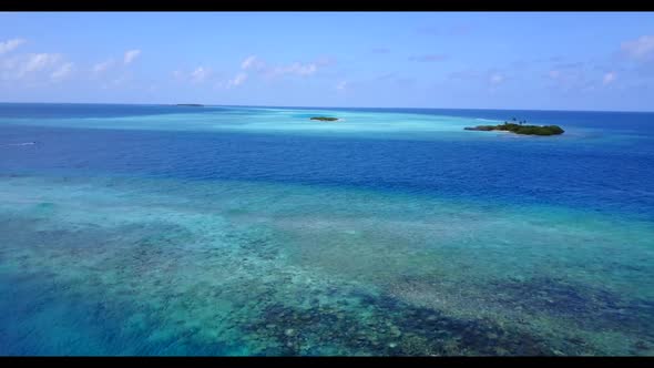 Aerial top down nature of perfect sea view beach voyage by aqua blue sea and bright sand background 