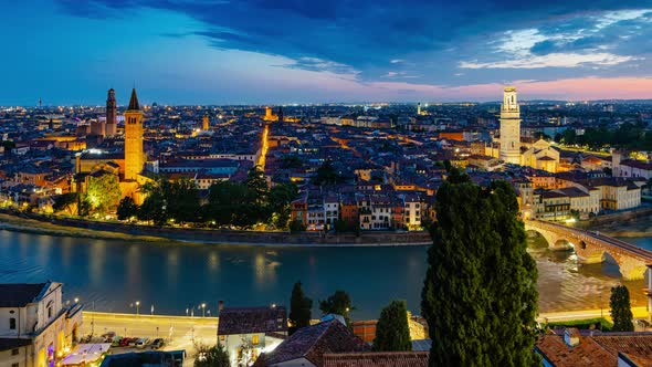 Panoramic Day to Night Time Lapse of Verona with Adige River, Verona, Veneto, Italy