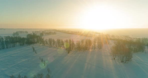 Aerial Drone View of Cold Winter Landscape with Arctic Field, Trees Covered with Frost Snow and