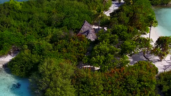 Aerial drone landscape of coastline beach voyage by blue ocean with sand background