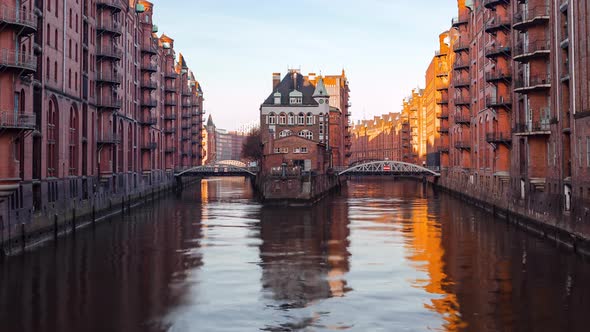 Day Hyper Lapse of Sunrise in Harbor District, Hamburg, Germany