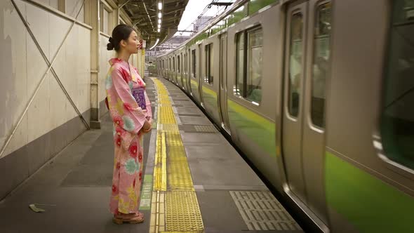 Japanese Woman Kimono Tokyo Japan Train