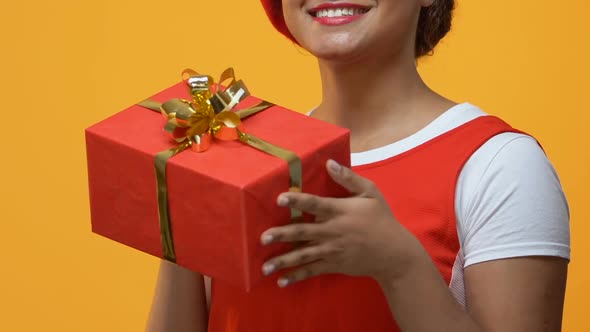 Cheerful Young Woman Holding Present Hands, Occasion Gift, Anniversary Surprise