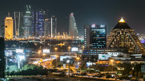 Scenic Dubai Downtown Skyline Timelapse at Night