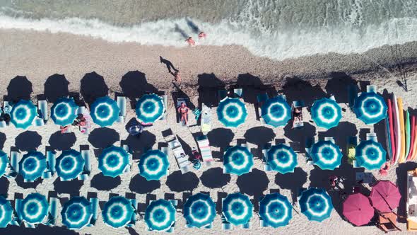 Aerial Overhead View of Lined Beach Umbrellas on a Tropical Beach