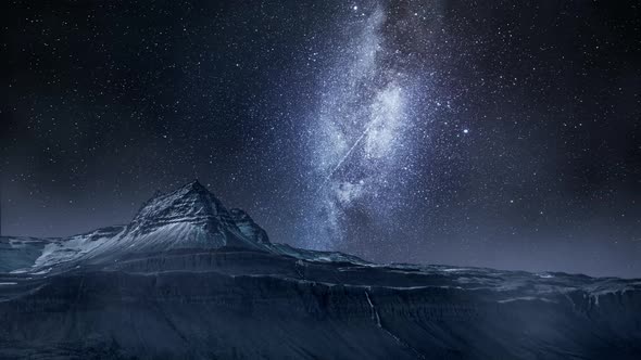 Milky way and volcanic mountain over fjord at night, Iceland alt
