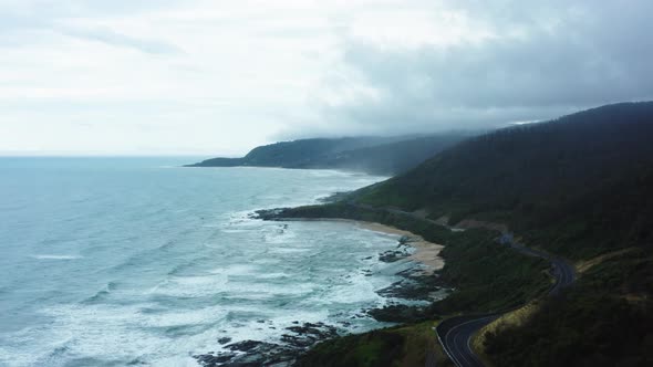 AERIAL Wye River On A Gloomy Day, Great Ocean Road Coastline Australia