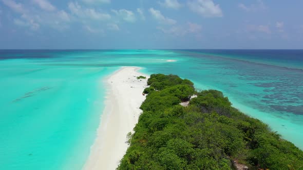 Aerial view tourism of idyllic seashore beach holiday by blue green ocean and white sand background 