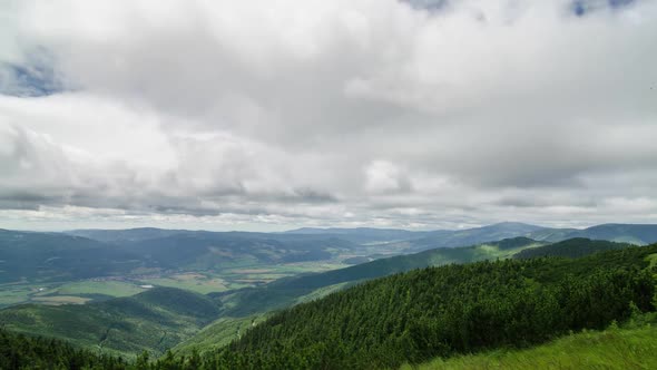 Clouds Motion over Green Carpathian Mountains Country in Summer Nature