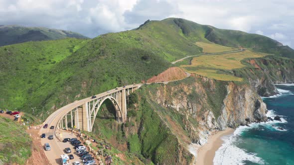 Aerial Cinematic Video of Famous Landmark – Amazing Bridge at the Pacific Shore