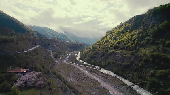 Scenic Drone Shot of Dariali Gorge in the Caucasus Mountains Georgian Military Highway