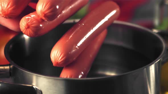 Super Slow Motion in the Pan Fall Sausages with Spray