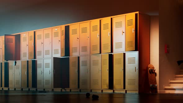 Scary abounded school hallway. Wind blowing and moving orange lockers' doors.