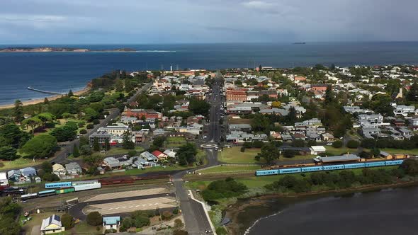 AERIAL Downtown Queenscliff, Australia With Bass Straight
