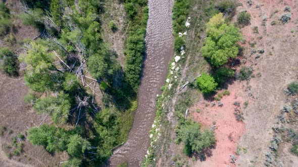 Top down aerial view of river flowing downstream